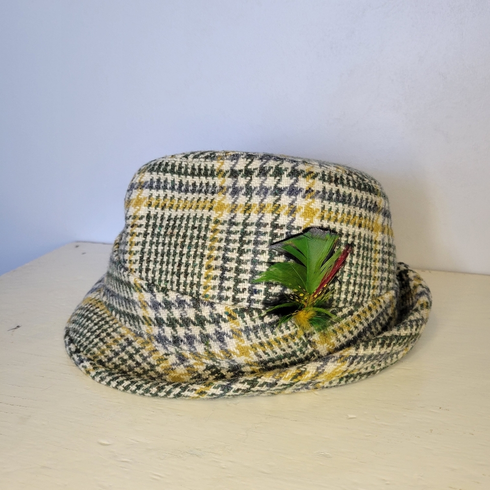 Vintage Wool Plaid Fedora Hat with Green Feathers